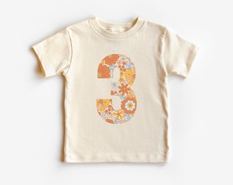 Floral 3, Third Birthday Short Sleeve T-Shirt | Retro, Groovy 3rd Bday Party | Girl’s Tee, Outfit | Flowers, Boho, Neutral | Toddler, Kid’s