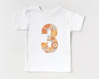 Floral 3, Third Birthday Short Sleeve T-Shirt | Retro, Groovy 3rd Bday Party | Girl’s Tee, Outfit | Flowers, Boho, Neutral | Toddler, Kid’s