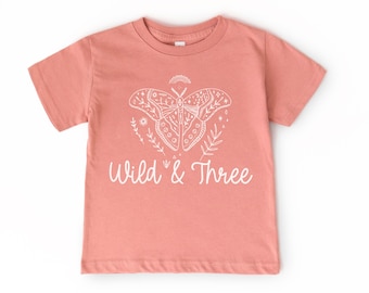 Third Birthday Kid’s T-Shirt | Wild & Three, Boho Butterfly Wildflower, Floral Pink Toddler Tee | Girl’s 3rd Bday Outfit | Mommy Me Matching