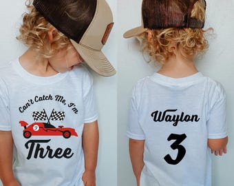 Customized Third Birthday Kid’s T-Shirt | Can’t Catch Me, I’m Three Toddler Tee | Red Race Car, Racing Theme Shirt, Custom with Name