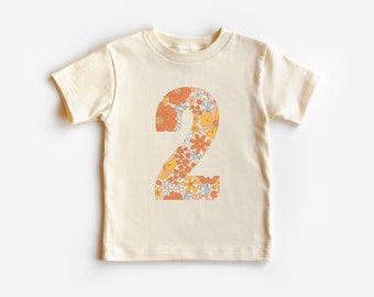 Floral 2, Second Birthday Short Sleeve T-Shirt | Retro, Groovy 2nd Bday Party | Girl’s Tee, Outfit | Flowers, Boho, Neutral | Toddler, Kid’s