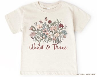 Third Birthday Kid’s T-Shirt | Wild & Three Toddler Tee | Boho Flower Wildflower Butterfly Floral Shirt, Girl | 3rd Bday Party | 3 Year Old