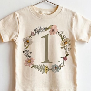 First Birthday Infant Bodysuit, T-Shirt | Boho Floral, Flower Wreath “One” Tee | Baby Girl’s 1st Bday Outfit | Wild One, Wildflower Party