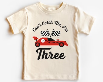 Third Birthday Kid’s T-Shirt | Can’t Catch Me I’m Three Toddler Tee | Red Race Car, Racing Theme 3rd Bday Party Outfit, Boy, Girl
