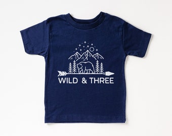 Third Birthday Kid’s T-Shirt | Wild & Three Toddler Tee | Mountain, Woodland Animal, Forest, Bear 3rd Bday Shirts | Boy Girl Matching Family