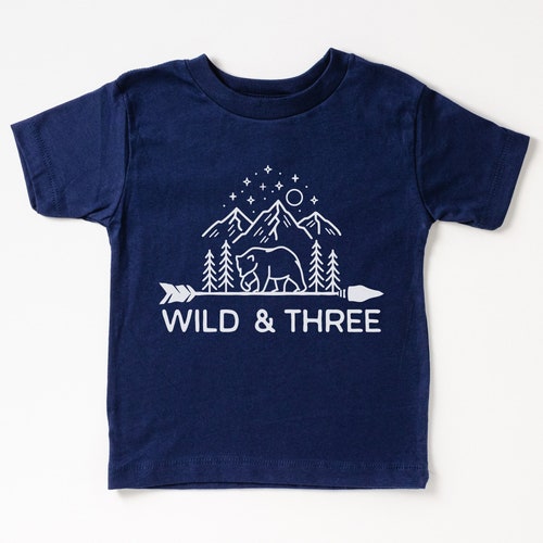 Third Birthday Kid’s T-Shirt | Wild & Three Toddler Tee | Mountain, Woodland Animal, Forest, Bear 3rd Bday Shirts | Boy Girl Matching Family