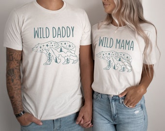 Wild Daddy, Mama Adult Short Sleeve T-Shirt | Matching Parents Tee | Woodland, Bear, Boho Birthday | Wilderness, Mountain Outdoor| Mom & Dad