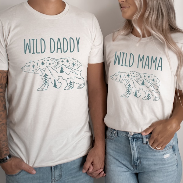 Wild Daddy, Mama Adult Short Sleeve T-Shirt | Matching Parents Tee | Woodland, Bear, Boho Birthday | Wilderness, Mountain Outdoor| Mom & Dad