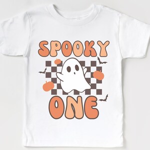Spooky One First Birthday Short Sleeve T-Shirt | Halloween, October Fall Birthday Tee | 1st Bday Boy Girl | Pumpkin or Flower Design | Retro