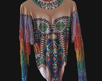 Rainbow Tassel Eye Rhinestone Bodysuit