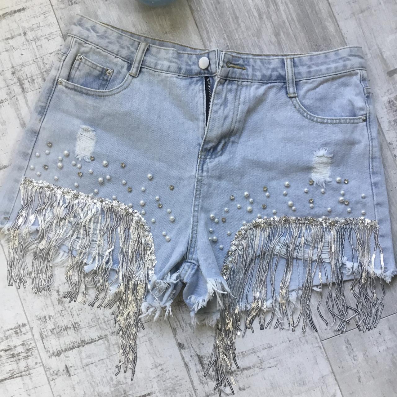 Fringe Diamante Denim Shorts Rhinestone High Rise Fringe Denim Shorts