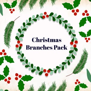 Pack graphique de clipart de Noël, clipart de couronnes de Noël, branches de pin, téléchargement instantané, clipart numérique png