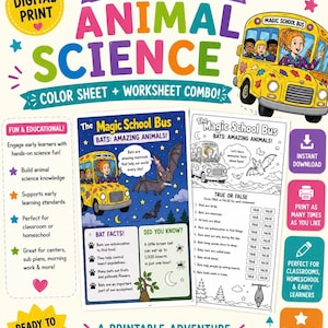May include: A digital print featuring "The Magic School Bus" theme, offering an animal science color sheet and worksheet combo. The design includes a yellow school bus, bats, and educational content for early learners. The text reads "Ready to Print & Learn!"