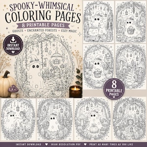 Może przedstawiać: Zestaw 8 stron do kolorowania do druku zatytułowany Spooky-Whimsical Coloring Pages, zawierający czarno-białe ilustracje liniowe przedstawiające duchy, zaczarowane lasy i magiczne sceny w owalnych ramkach wraz z napisami.