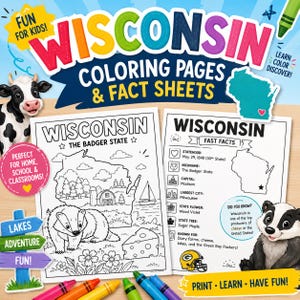 Op de afbeelding: Een educatieve afbeelding met Wisconsin kleurplaten en feitenbladen. De tekst bevat "Fun for Kids!" en "Print, Learn, Have Fun!" met illustraties van een koe, das en kleurpotloden. De kleurplaten tonen een kaart, een das en kaas.