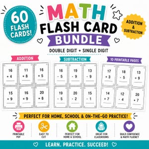 Könnte beinhalten: Ein Mathe-Lernkarten-Set mit 60 Karten für Addition und Subtraktion. Das Paket enthält Aufgaben mit ein- und zweistelligen Zahlen auf druckbaren Seiten mit Symbolen. Der Text umfasst MATH FLASH CARD BUNDLE, ADDITION, SUBTRACTION, 10 PRINTABLE PAGES sowie LEARN. PRACTICE. SUCCEED!