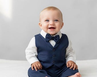 4-częściowy formalny komplet dla chłopca | Kamizelka, koszula, muszka i spodnie | Komplet dla noworodka | 0-3 M 3-6 M