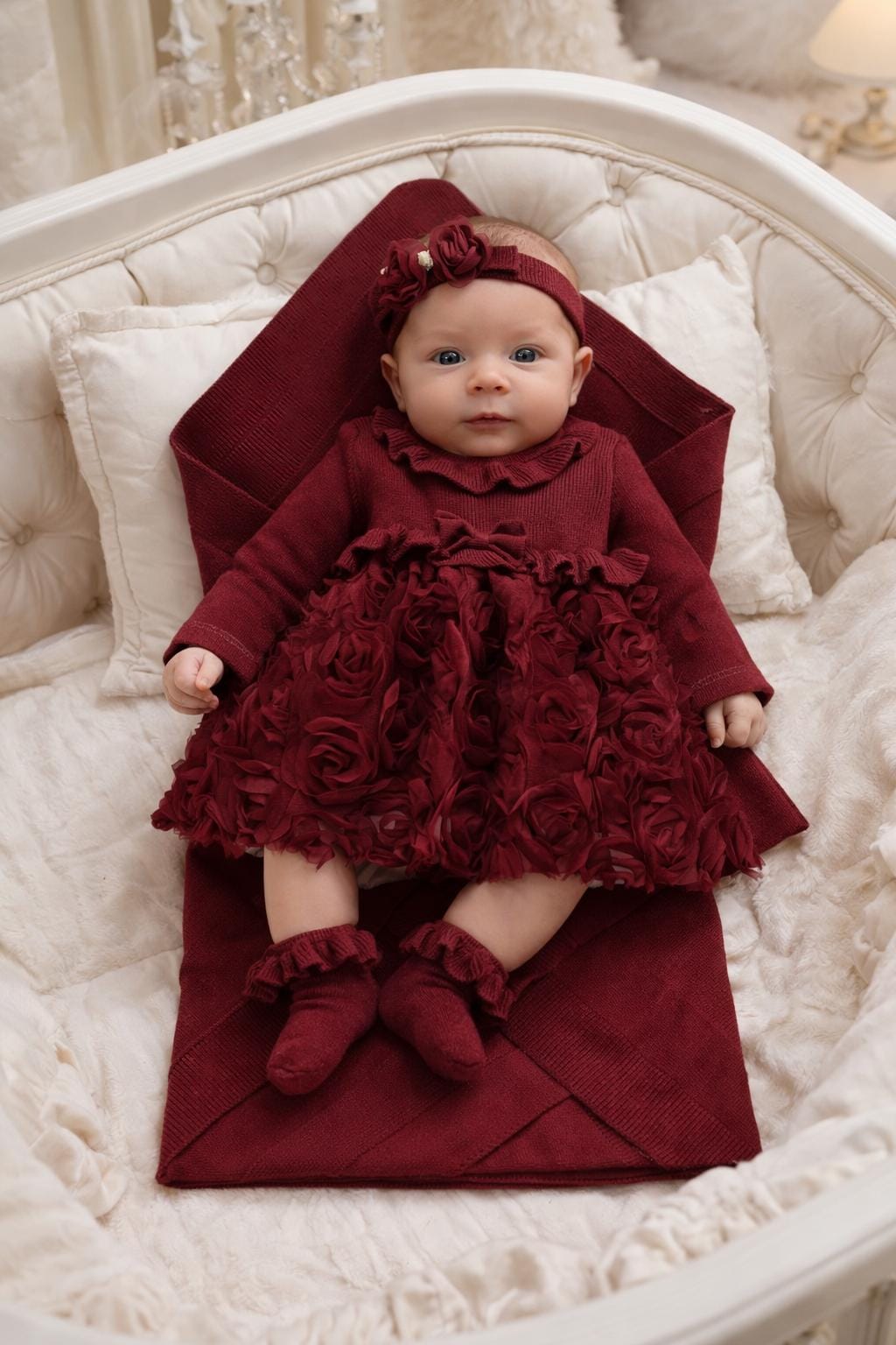 Baby Girl Coming Home Outfit - 5 Pc Newborn Set - Newborn Girl Gift- Rose Detail Baby Dress,swaddle,socks,mittens and Headband 0-3M