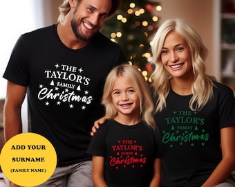 Matching Family Christmas Family Shirt, add any family name. Custom Family Name Christmas Tshirt, Christmas Couple T-Shirt, Xmas gift.