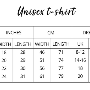Puede incluir: Tabla de tallas para una camiseta unisex que muestra las medidas en pulgadas y cent&iacute;metros. La tabla tambi&eacute;n incluye tallas de vestido en tallas del Reino Unido y de los Estados Unidos.