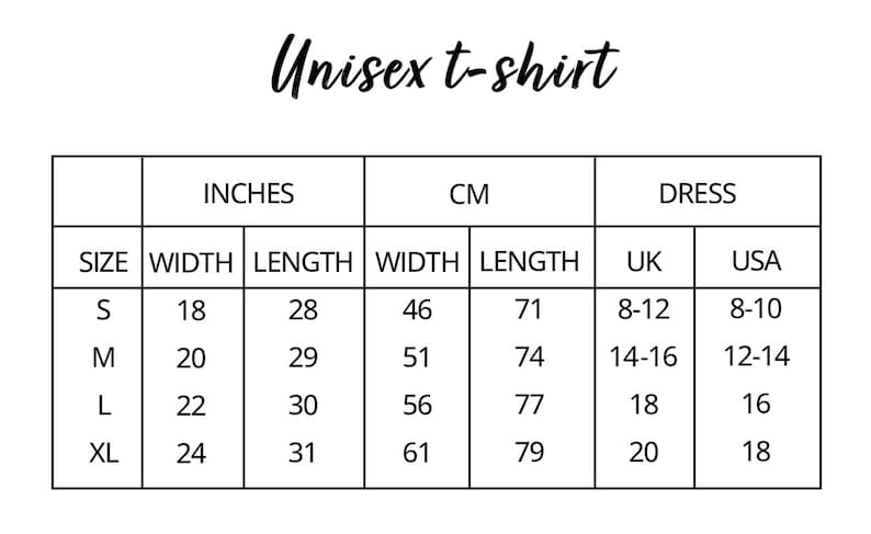 Puede incluir: Tabla de tallas para una camiseta unisex que muestra las medidas en pulgadas y cent&iacute;metros. La tabla tambi&eacute;n incluye tallas de vestido en tallas del Reino Unido y de los Estados Unidos.