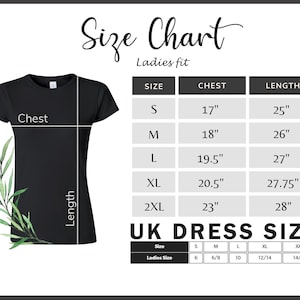 Puede incluir: Tabla de tallas para ropa de mujer con medidas en pulgadas. La tabla muestra las tallas S, M, L, XL y 2XL con las medidas de pecho y largo correspondientes. La tabla tambi&eacute;n incluye una tabla de conversi&oacute;n de tallas de vestidos del Reino Unido.