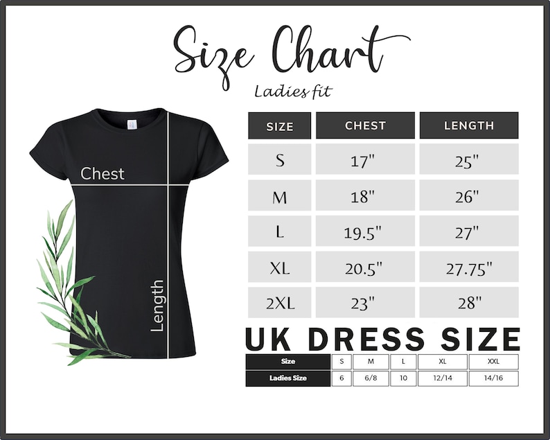 Puede incluir: Tabla de tallas para ropa de mujer con medidas en pulgadas. La tabla muestra las tallas S, M, L, XL y 2XL con las medidas de pecho y largo correspondientes. La tabla tambi&eacute;n incluye una tabla de conversi&oacute;n de tallas de vestidos del Reino Unido.