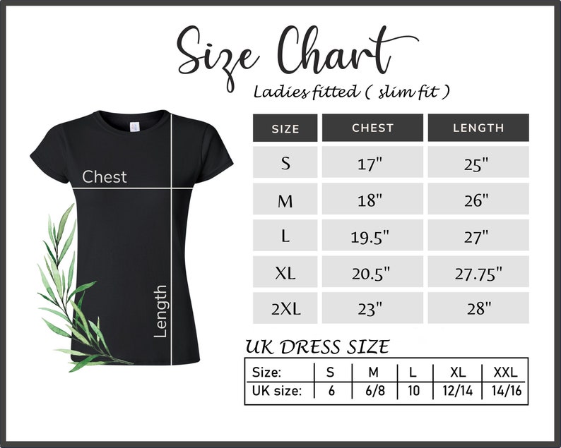 Puede incluir: Tabla de tallas para camisas de mujer con medidas en pulgadas. La tabla muestra las medidas de pecho y largo para las tallas S, M, L, XL y 2XL. Tambi&eacute;n incluye una tabla de conversi&oacute;n de tallas de vestidos del Reino Unido.
