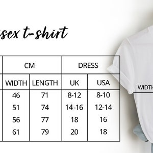 Puede incluir: Tabla de tallas de camiseta unisex en pulgadas y cent&iacute;metros. La tabla muestra las medidas de ancho y largo para las tallas S, M, L y XL. Tambi&eacute;n incluye tallas de vestido en Reino Unido y EE. UU.