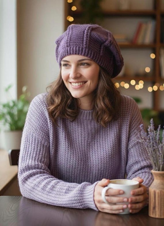 Handmade Purple Crochet Beret: French Style Wool Blend  display picture 1
