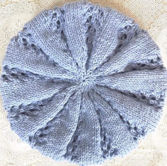 Hand Knitted Light Blue Wool Blend Beret, French Style  display picture 2