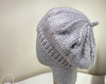 Handmade Light Gray Womens Knit Hat, Handknit Beanie from wool & acrylic Yarn, Winter Hand Knit Beret for Women, French Style Woolen Hat