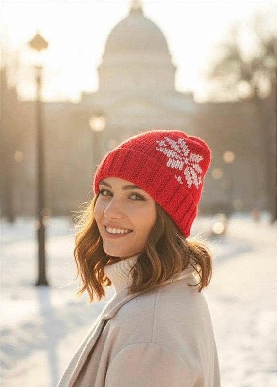 Handmade Snowflake Knit Beret, Red Wool & Acrylic Winter Hat 