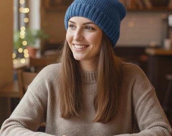 Blue Knit Beret: Handmade Wool & Acrylic Winter Hat