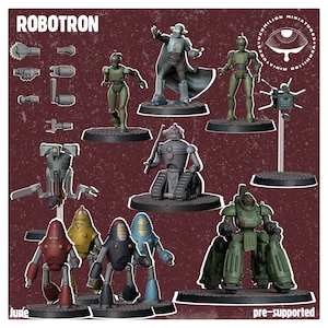 May include: A set of 10 unpainted plastic miniature robots, part of the Robotron line by Vermillion Miniatures. The set includes a variety of robot designs, including a robot with a drill, a robot with a claw, and a robot with a gun. The miniatures are pre-supported, making them easy to print.