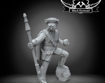 May include: A gray plastic miniature figure of a person wearing a helmet and holding a staff and a sphere. The figure is standing on a rock. The figure is part of a set of miniatures for a tabletop game.