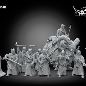 May include: A group of grey plastic miniature figures, some standing, some riding a large grey plastic animal, all wearing robes and helmets. The figures are holding weapons and are posed in a battle formation. The figures are part of a set called "Black Remnant".