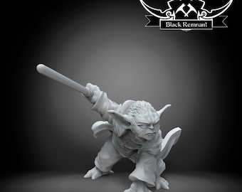 May include: A gray, detailed miniature figurine of a Yoda-like character wielding a lightsaber. The figurine is posed in a dynamic fighting stance, with one leg forward and the other bent back. The character has a serious expression on its face, with furrowed brows and a determined look. The figurine is made of a high-quality material and is painted in a realistic style. The figurine is a great addition to any Star Wars fan's collection.