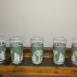 Set of 5 Vintage Jeanette Hellenic Green Glasses | 1950s Mid-Century Tumblers with White Greco-Roman Figures | Faded Gold Rim