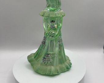 Vintage Fenton Iridescent Green Flower Girl Figurine - Signed & Hand Painted