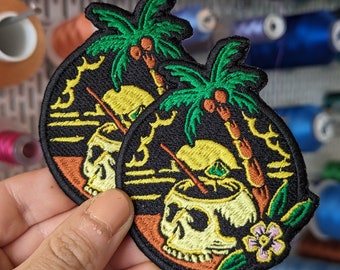 "Cocktail Skull" embroidered patch. Sew or iron on.