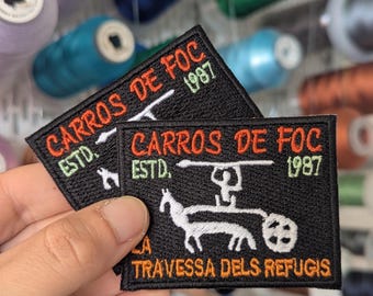 Embroidered patch. Remember the fire carts. The Dels Refugis crossing. Spain. Custom design. Sew-on or iron-on. 7cm x 5.5cm.