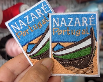 "Journey to Nazareth" embroidered patch, Portugal. Sew-on or iron-on. 7cm x 5.5cm. Price per piece.