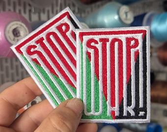 Stop War Flag embroidered patch. Palestine. Sew-on or iron-on. 7cm x 5.5cm.