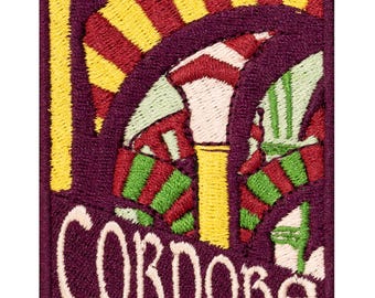 Embroidered patch, a souvenir of the Mosque of Cordoba, Spain. Custom design. Sew-on or iron-on. 7 cm x 5.5 cm.