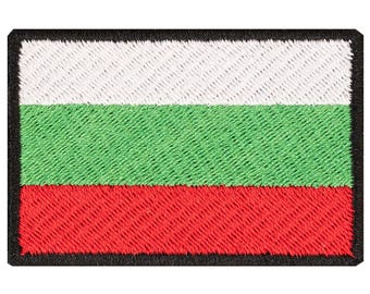 Embroidered patch of the Bulgarian flag. Sew-on or iron-on. Various designs to choose from.