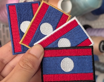 Laos flag embroidered patch. Sew or iron on. Various designs and sizes to choose from.