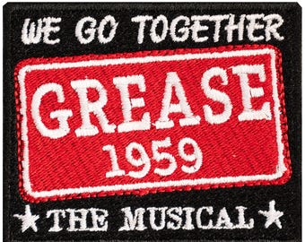 "Grease the Musical" embroidered patch. 7cm x 5.5cm. Custom design. Sew-on or iron-on. Price per piece.