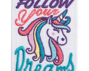 Follow your dreams embroidered patch. Unicorn. Sew or iron on. 7cm x 5.5cm. Custom design.