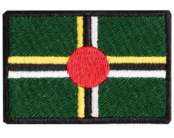 Dominica flag embroidered patch. Sew-on or iron-on. Various designs to choose from.
